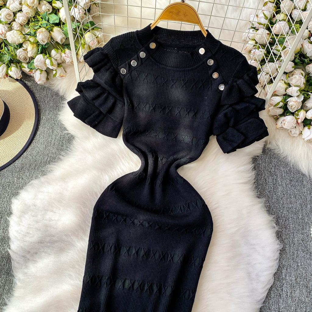 Summer Women Elegant Ruffle Metal Button Office Work Knitted Sheath Sweater Mini Dresses