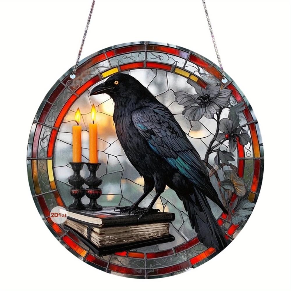 

2D плоский ретро Хелловін акриловий круглий кулон-ловець снів - візерунок кажана/ворони/чорного кота, прикраса на вікно, жахлива домашня прикраса для приміщення та вулиці 20CM чорний