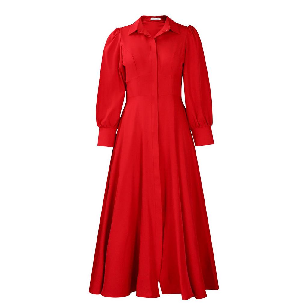 D570 Elegant Women's Long Sleeve Swing Shirt Dress, Solid Color Mid-Length African Style