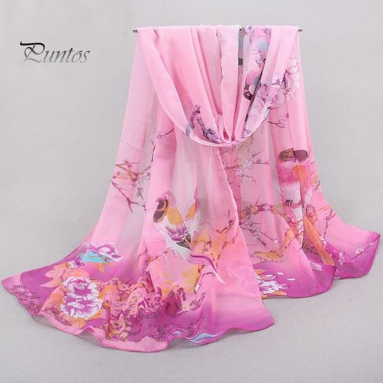 Floral Print Chic Women Scarf Bird Pattern Silky Colorful Wide Sunshade Chiffon Washable Travel Ladies Shawl Clothes Accessory Summer