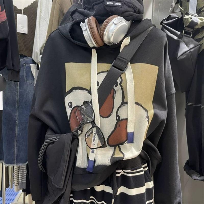 

Осень Большой размер Свободный Мультяшный принт Повседневная Толстовка с капюшоном с длинными рукавами XXL чёрный