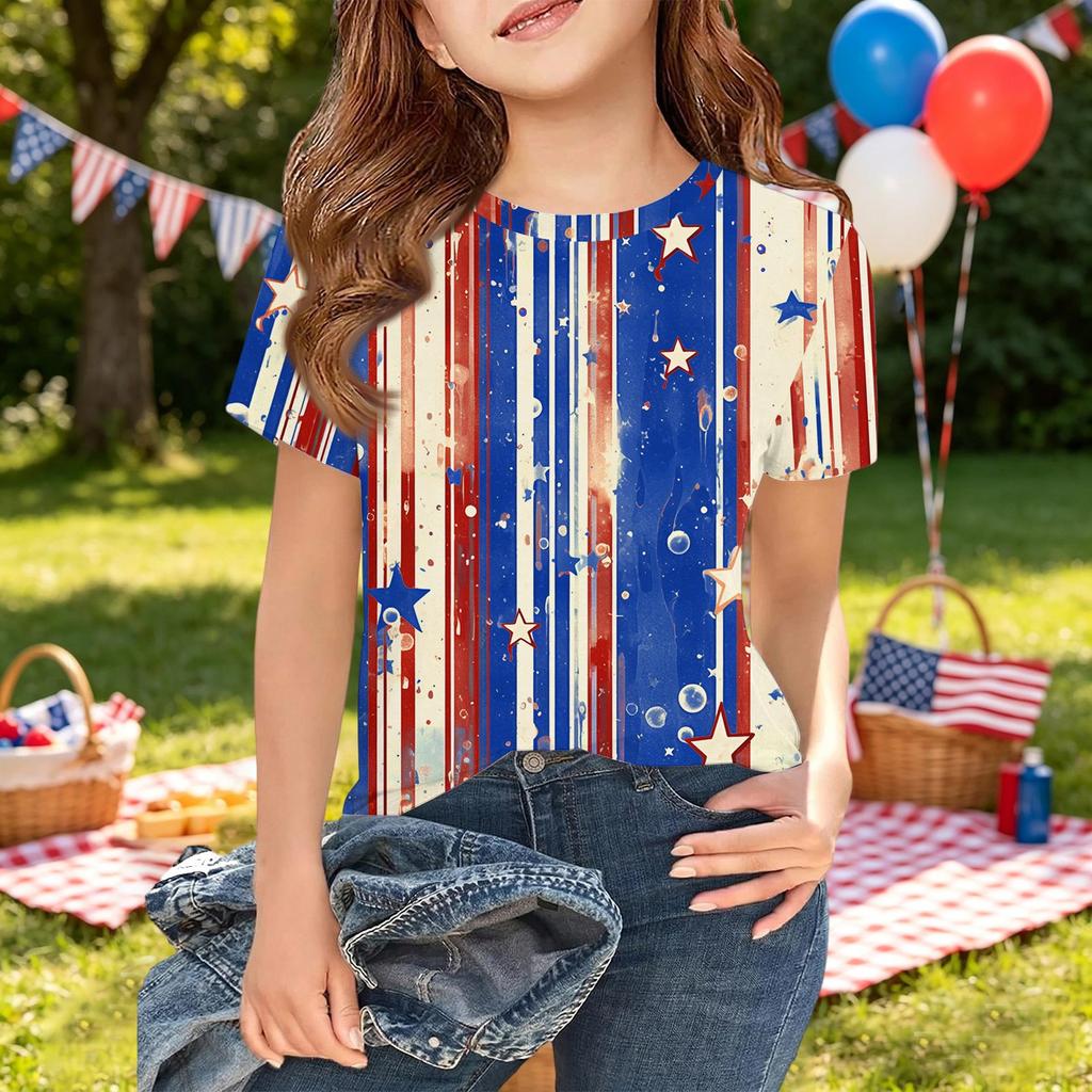 Girls Short Sleeve T Shirt Independence Day Printed Tee Top Casual Comfortable Fit Kids Summer Shirt