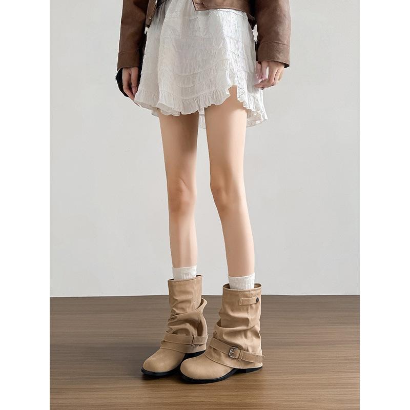 Western Jeans Tube Short Boots Women's 2025 New Autumn Thick Heel Pleated Pile Boots Retro British Martin Boots