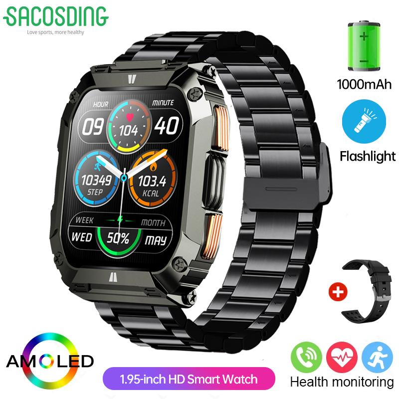 

Новые часы со сверхдолгим временем ожидания 1000 мАч 1,95-дюймовый AMOLED-экран BT-звонок Смарт-часы Мужские Уличный Фонарик Спортивный Фитнес-браслет Мужские