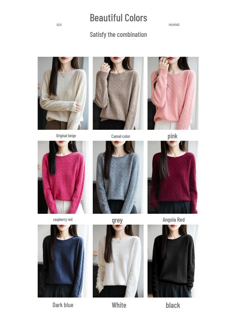 Damen Lässiger Locker Gestrickter Pullover mit Rundhalsausschnitt und Langen Ärmeln