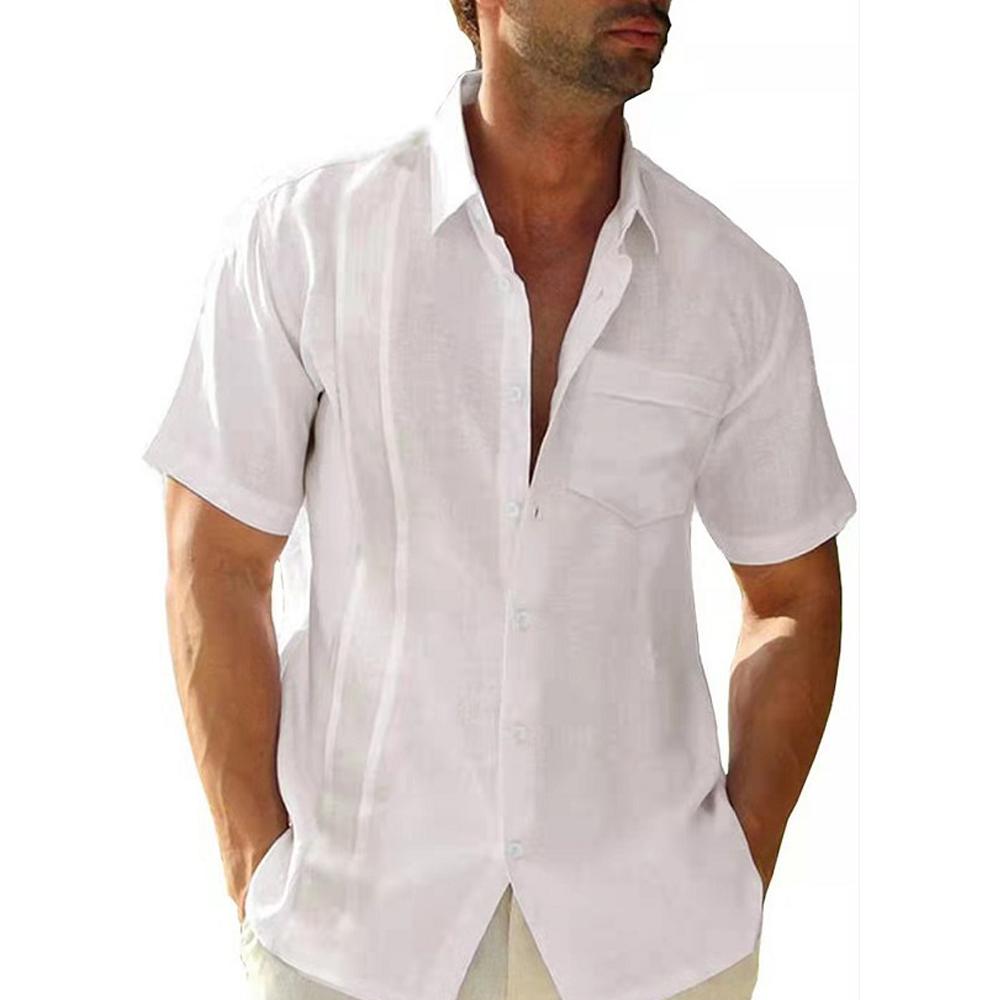 

Мужская хлопково-льняная рубашка с коротким рукавом, летние повседневные однотонные пляжные топы с мешковатыми пуговицами M белый