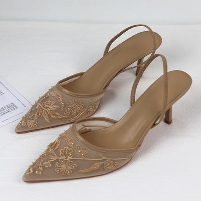 Luxury  High Heels Women Sandals Mesh Embroider Elegant Pointed Ladies Slingback Evening Party Wedding Bridal Dress Shoes