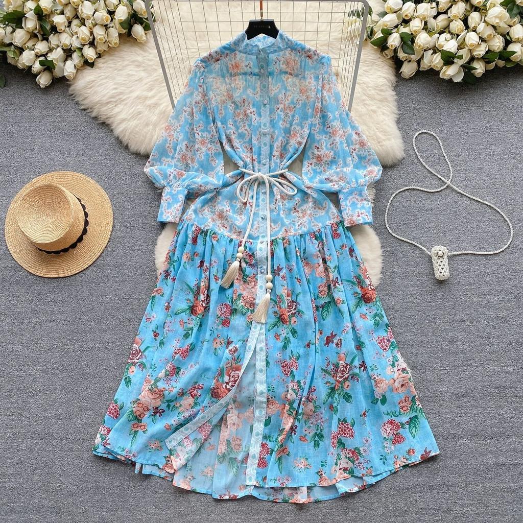 2024 Spring New French sle Puff sleeve Breasted Waist Hugging Slimming Temperament Long Print Formal Dress Chiffon Dress