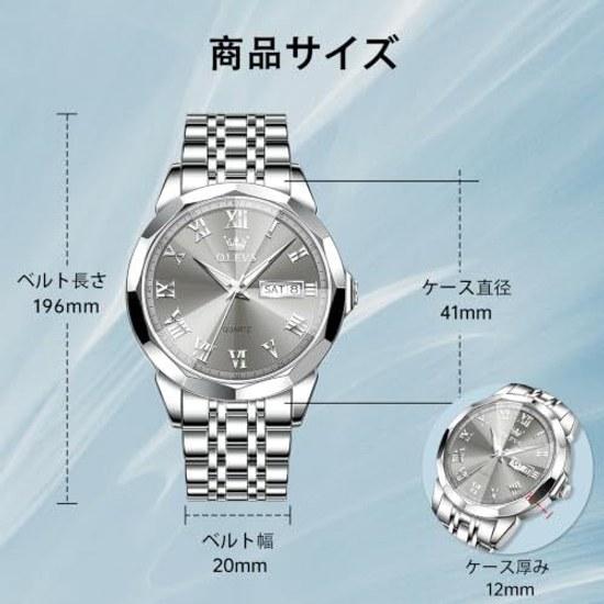 OLEVS Wristwatch Mens Waterproof Analog Quartz Silver Watch Gray Dial Roman Numerals Date Day Stainless Steel Band