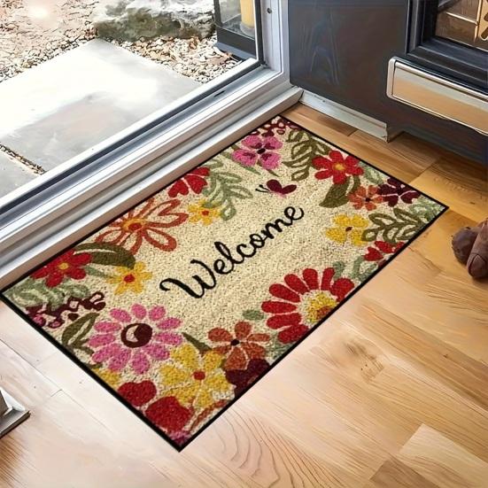 Summer Spring Doormat Floral Lemon Prints Welcome Mat Non-Slip Washable Floor Mat for Home Entrance Front Porch Indoor Outdoor Kitchen Bathroom