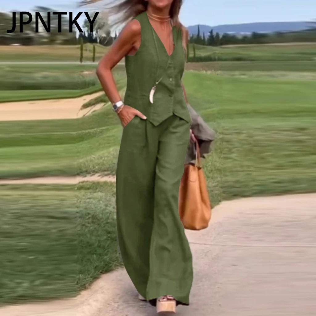 JPNTKY Set Casual e alla Moda Monocolore di Gilet e Pantaloni Lunghi Incollaggio e Patchwork Set Due Pezzi