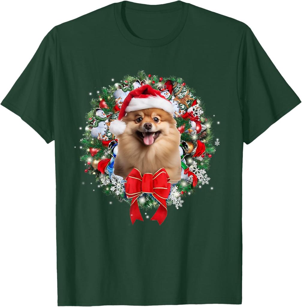 Pomeranian Christmas Wreath Graphic Tee Cute Dog Lover Casual Short Sleeve T-Shirt