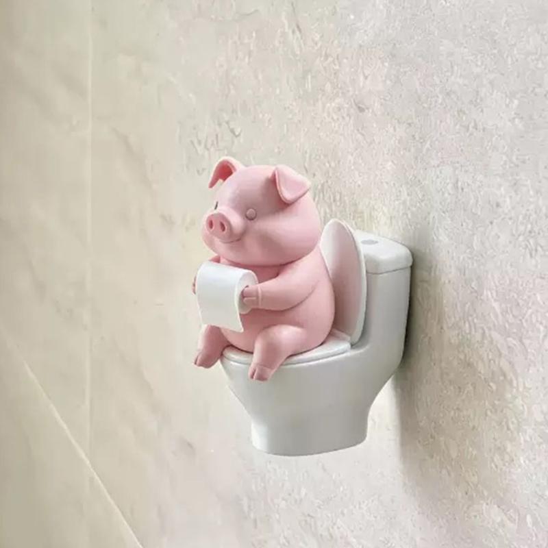 Funny Shelf Decors Pig On Toilet Figurine, 3D Printed Small Bathroom Counter Accent for Sink Area Styling, Desk Display, Bookshelf Decors, and Space
