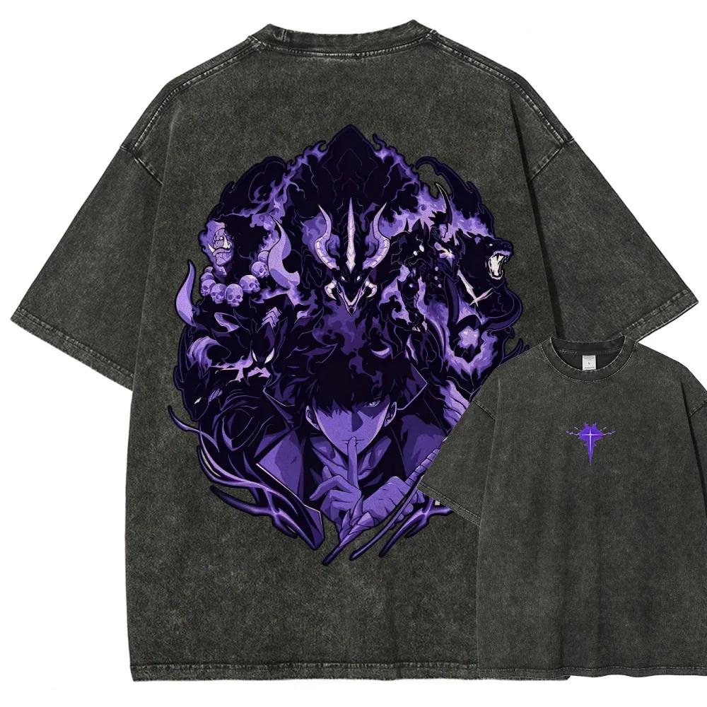 

Футболка с принтом Solo Leveling Sung Jin-Woo для мужчин и женщин, с коротким рукавом, одежда из стираного хлопка, ретро-повседневная футболка, футболка Харадзюку XXL чёрный