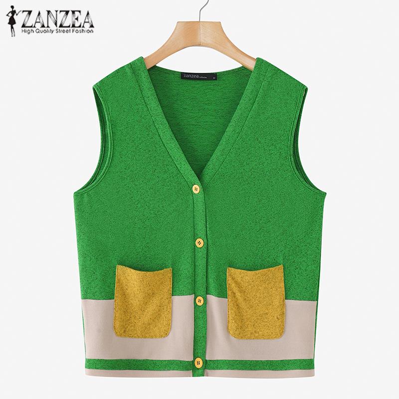ZANZEA Chalecos sin mangas con bolsillos y bloques de color vintage para mujer