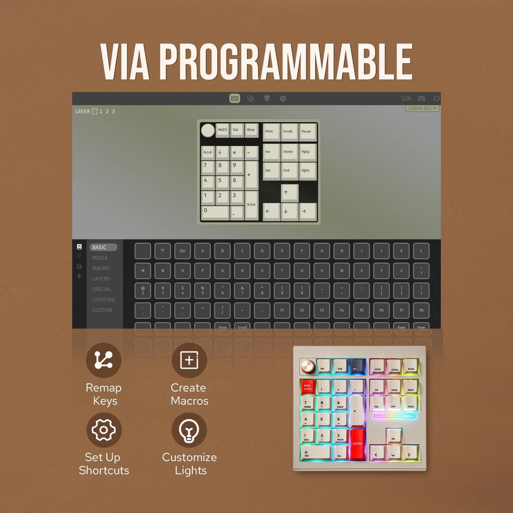 MechLands CIDOO V33 Aluminum Wireless Numeric Keypad with VIA Arrow and Knob for Mac and and Wired Connection Gasket, Navigation, Keys, Windows, OS,