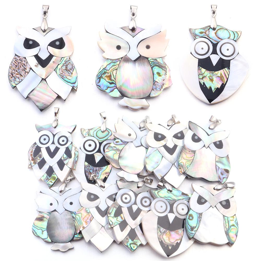Natürlicher Eulenform-Abalone-Muschel-Anhänger Glückstier Perlmutt-Muschel-Charms für DIY-Schmuckherstellung Halsketten-Zubehör