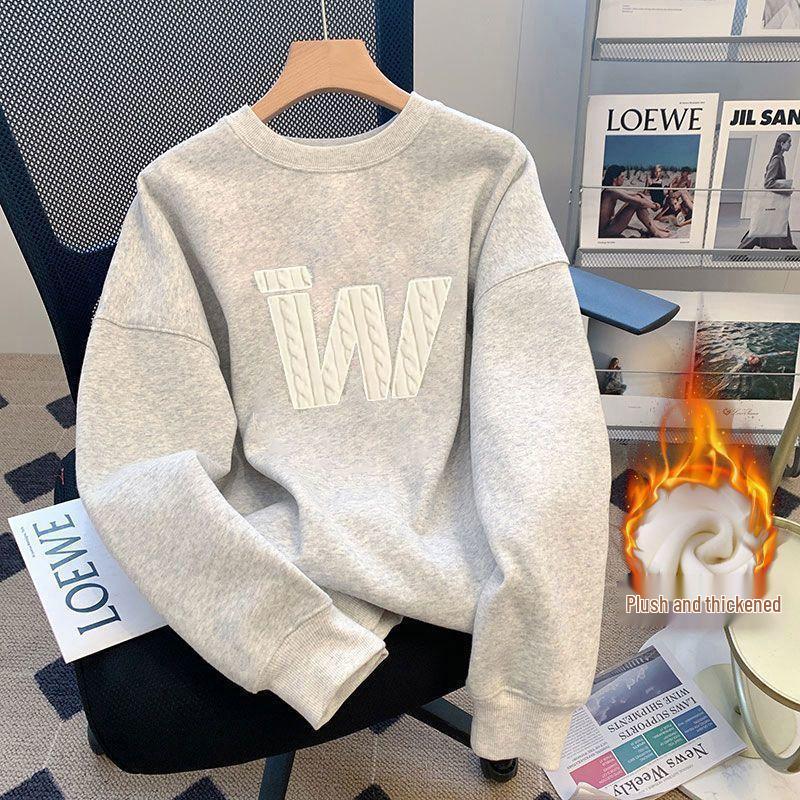 Men's Thick Fleece-Lined Round Neck Hoodie - Autumn/Winter Hipster Style, Loose Fit