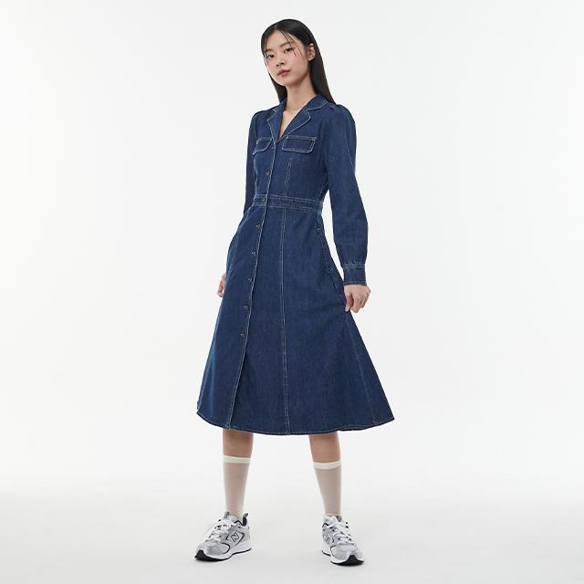 LAP Open Collar Pocket Line Long Denim Dress Aq1Do261