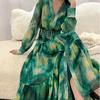 Women French Fashion Single Breasted V Neck Long Dress With Belt Summer Autumn Elegant Print A-line Robe Female Holiday Clothes