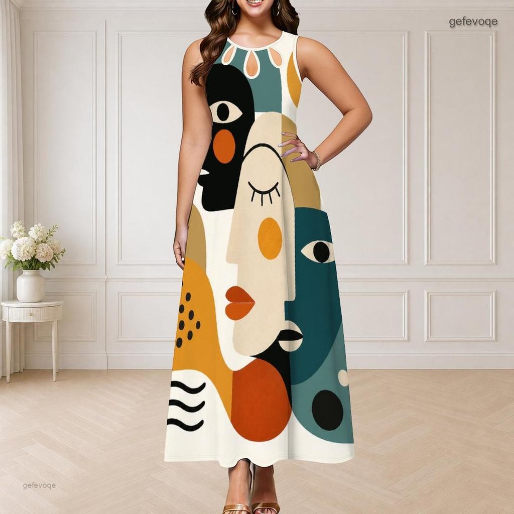 Women Plus Size Sleeveless Round Neck Triple Keyhole Cutout Abstract Print Maxi Dress