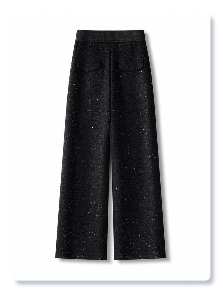 Gray Rhinestone Wool Wide-Leg Pants - Women's Winter 2025 High-Waisted Velvet-Enhanced Straight-Leg Trousers