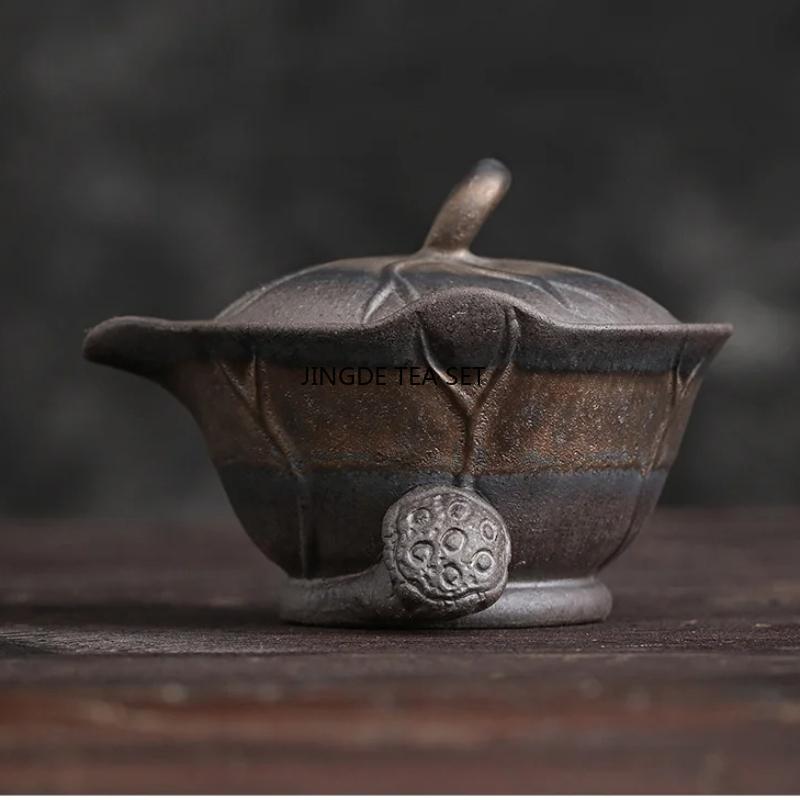 Grobkeramik Lotusblatt Handkännchen Chinesisch Retro Alter Felsenschlamm Vergoldete Eisen Glasur Kung Fu Teegeschirr Deckelschale