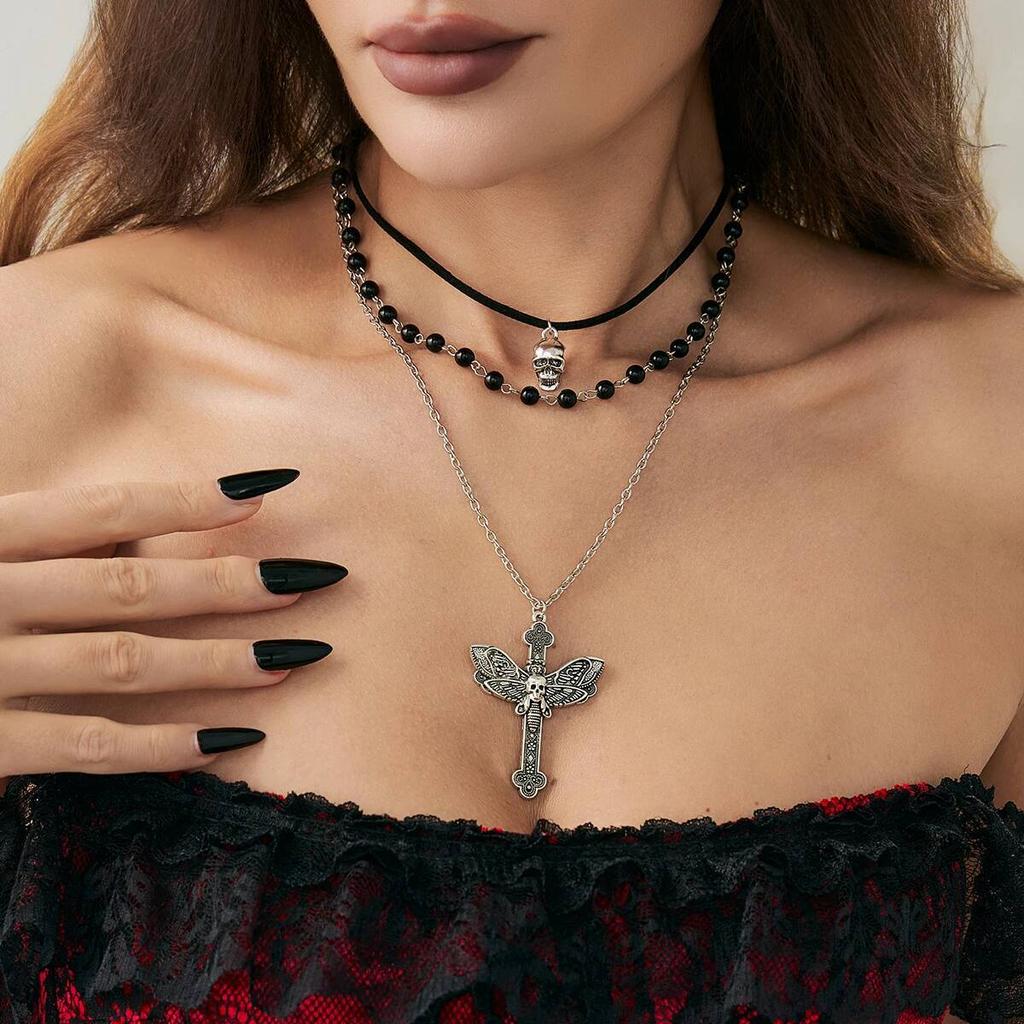 Salircon 3 Pcs/set Goth Skull Cross Pendant Necklace Women Vintage Silver Color Metal Chain Black Bead Choker Jewelry Accessory