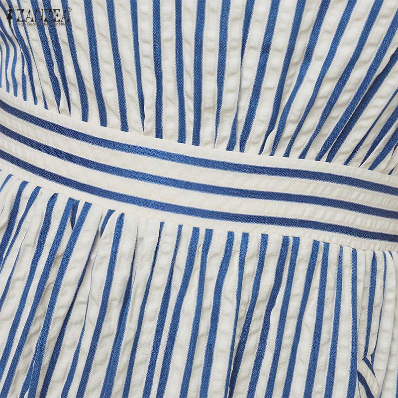 ZANZEA Rochie de vară casual pentru femei, cu gât rotund, mânecă scurtă și dungi