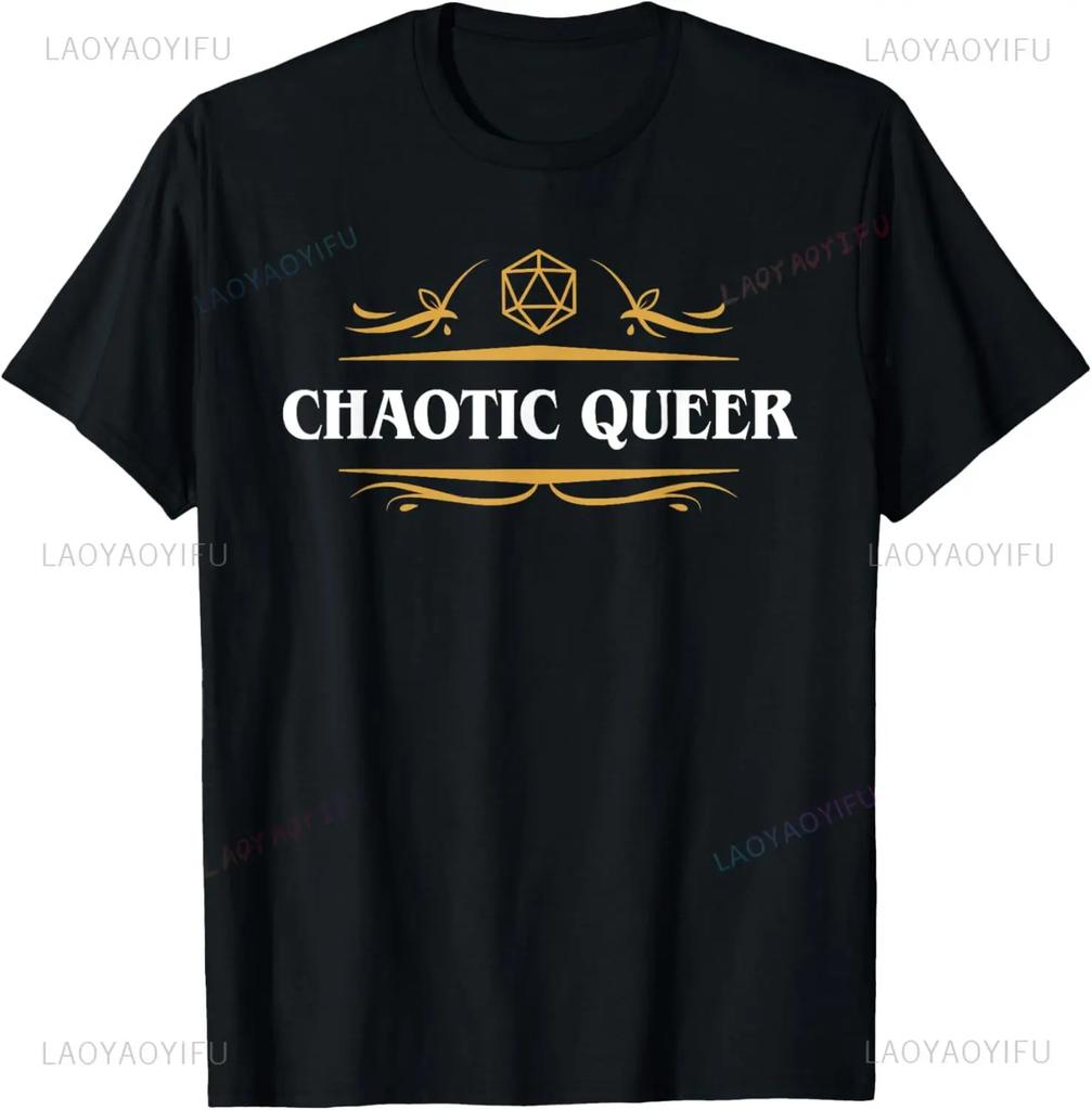 Chaotic Queer LGBT Pride Polyhedral D20 Dice T-Shirt Custom Printed Graphic T Shirts Mens T Shirt Camiseta