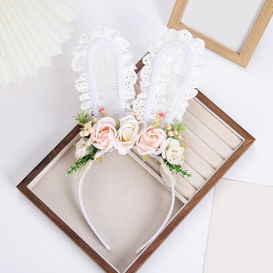 Bunny Headband Lace Bunny Ear Design Hair Hoop with Colorful Artificial Flowers Forest Style Easter