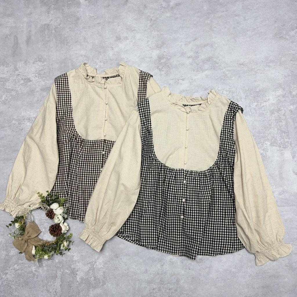 Johnature Japanese Fungus Trim Collar Plaid Shirt Casual Vintage Long Sleeve Stitched Retro Loose Shirt Women