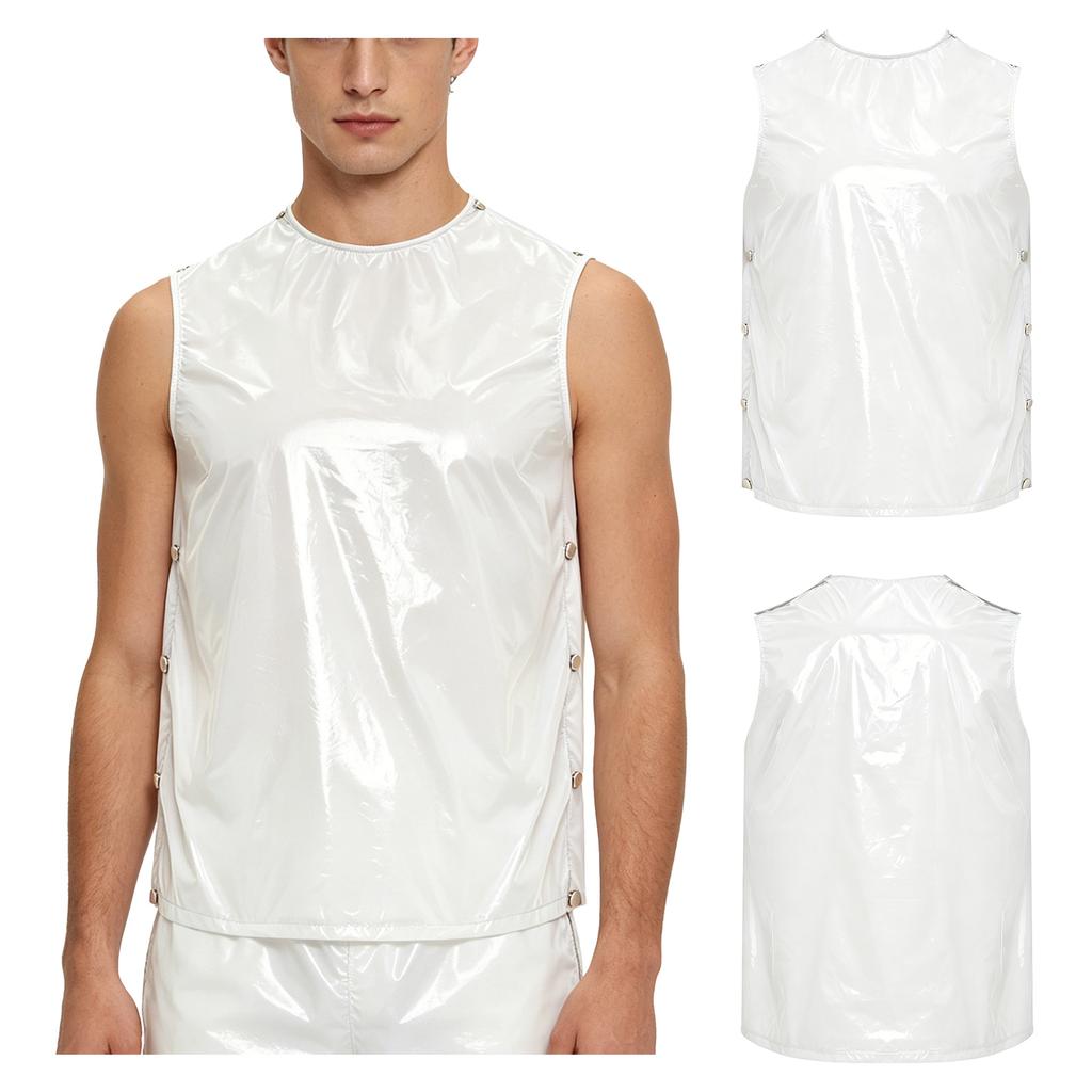 S-3XL Men Vinyl Waterproof Reusable Tank Top Round Neck Sleeveless Press Buttons At Shoulder and Sides for Gymnastics Workout Exercise