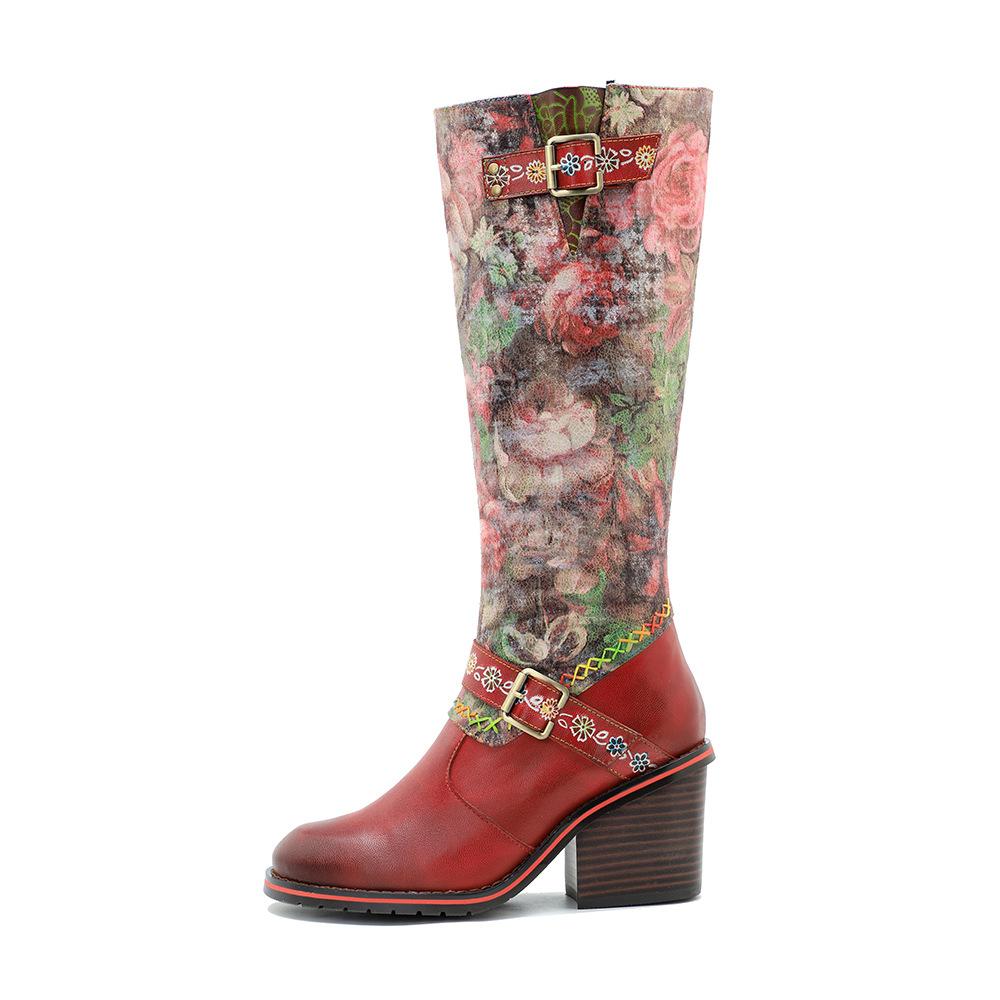 Johnature Vera pelle patchwork stampato fibbia per cintura tacco spesso comodi tacchi alti stivali lunghi scarpe da donna