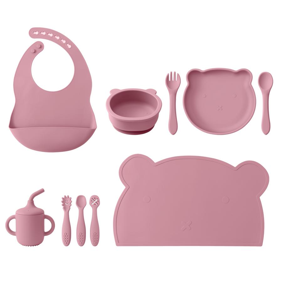 8PCS Silicone Baby Feeding Set Adjustable Bib Cartoon Bear Feeidng Dishes Plate Sucker Bowl Cup Cutlery Children's Tableware