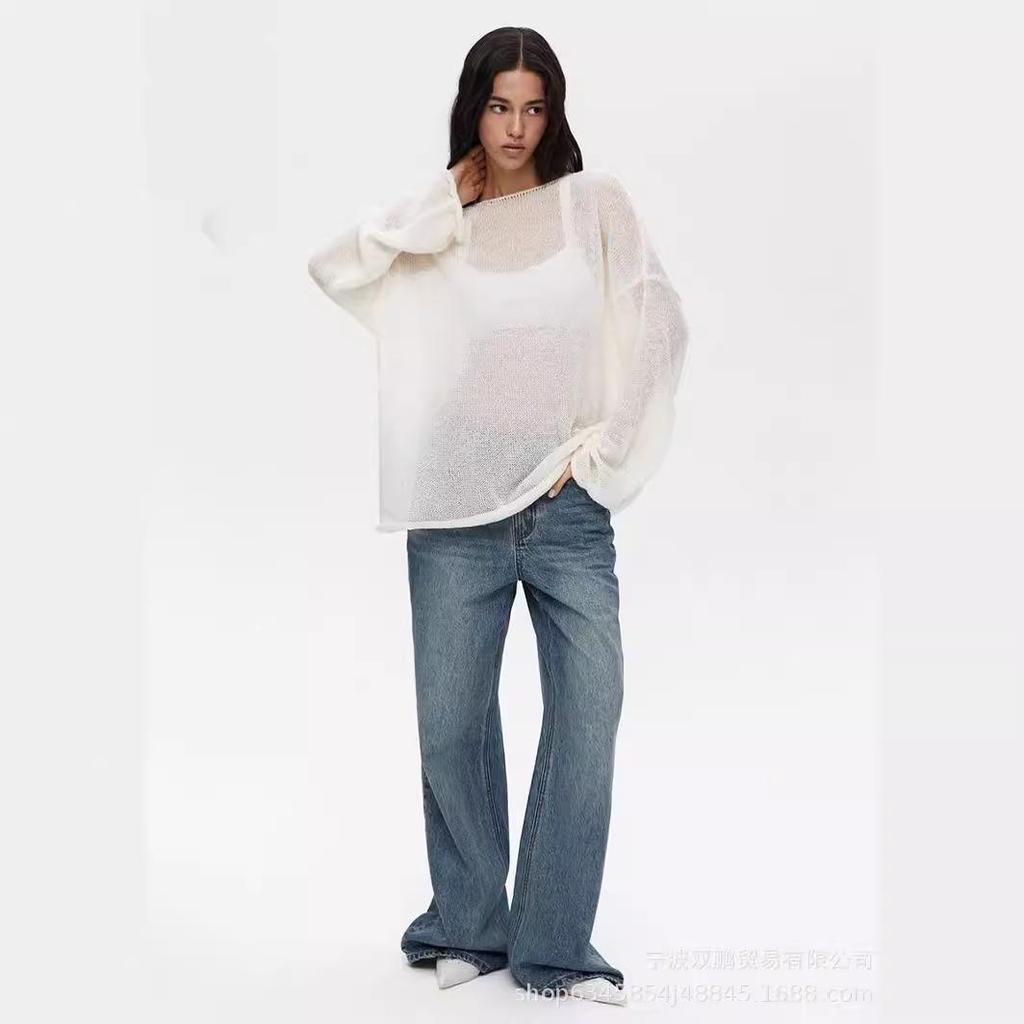 Suéteres de crochet suaves de gran tamaño para mujer, suéter de punto sexy de moda con cuello redondo y manga larga, suéter holgado para cubrirse, blusas de punto para mujer