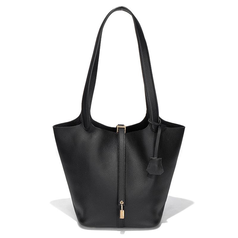 

Очень большая рыночная сумка через плечо из натуральной кожи - изысканная женская сумка-ведро из коровьей кожи высшего слоя 38cm L x 22cm W x 26cm H чёрный