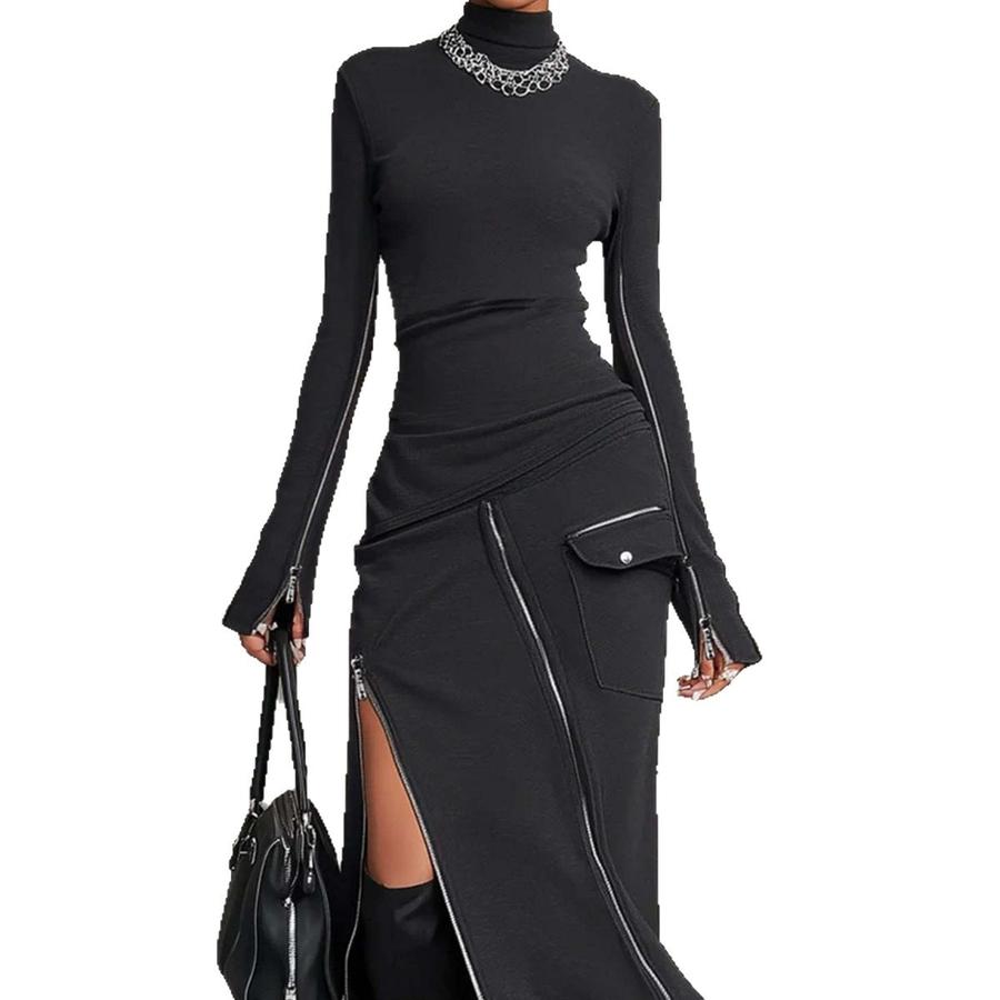 Neues High-Neck Langarm Maxikleid A-Linie Rock Lässiges Mode-Unifarben-Set