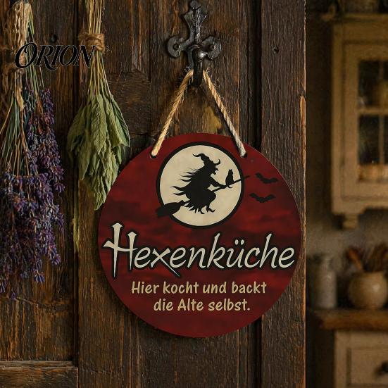 Indoor Halloween Wall Ornament Wooden Hanging Sign, Round Pendant for Front Door Decor, Full German Text Witch Sign Moon Bat Design Retro Holiday