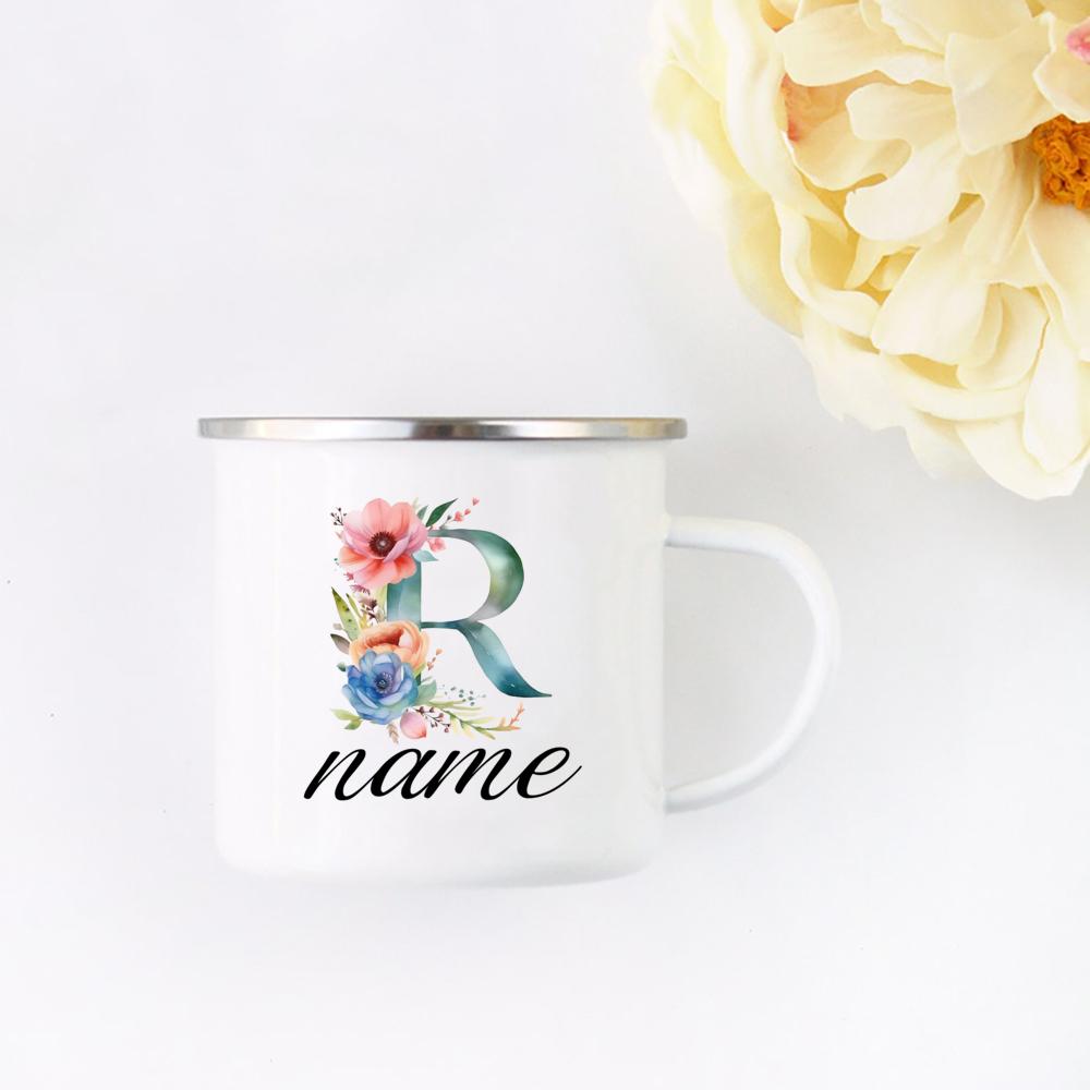 Personalisierte Blumige Initialen Namensbecher Benutzerdefinierter Name Tee Kaffee Heiße Schokolade Tasse Braut Brautjungfer Muttertag Geschenk für Sie