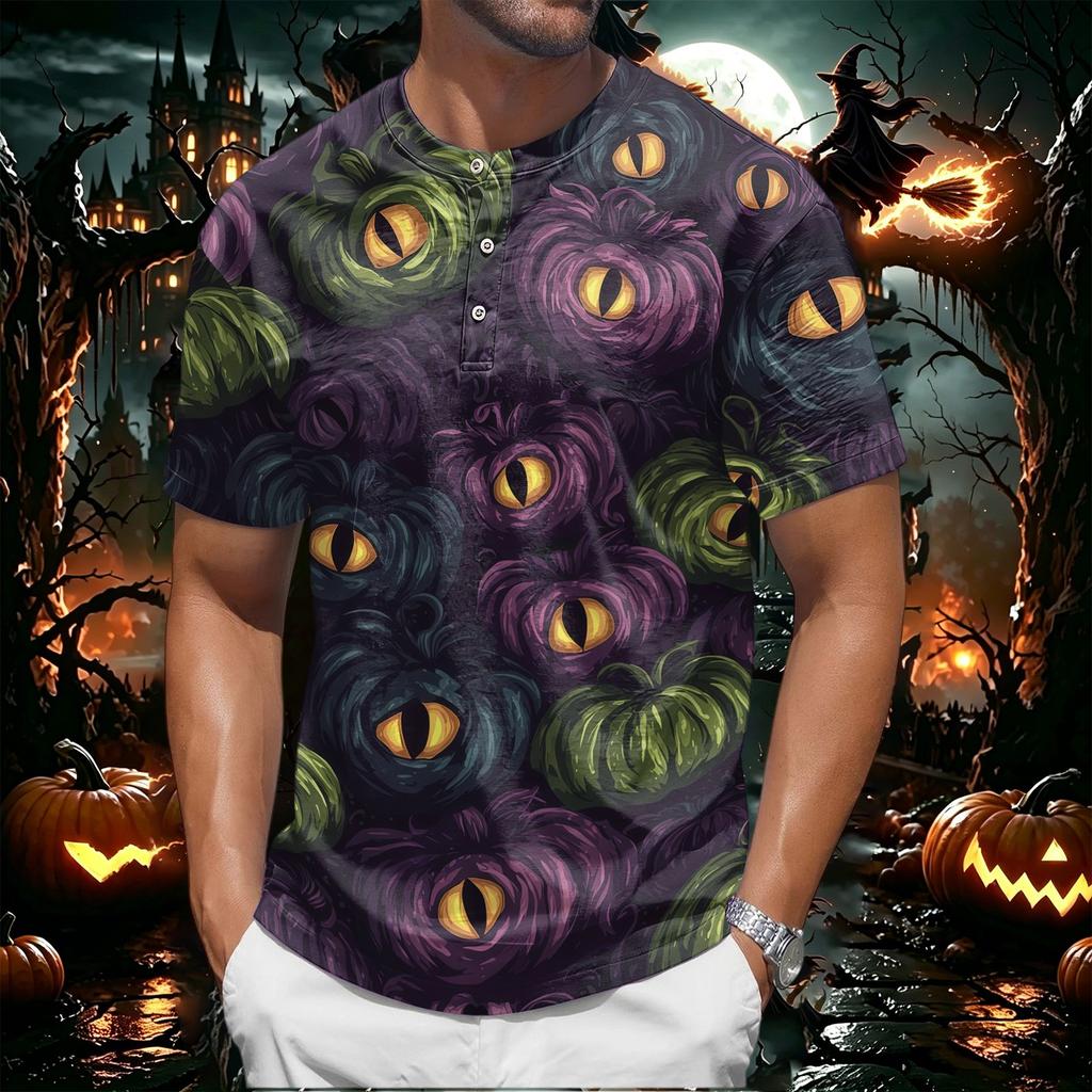 Men's Halloween Print Henley Short Sleeve Shirt Casual Lightweight Breathable Top with Button Front Design for Everyday Wear