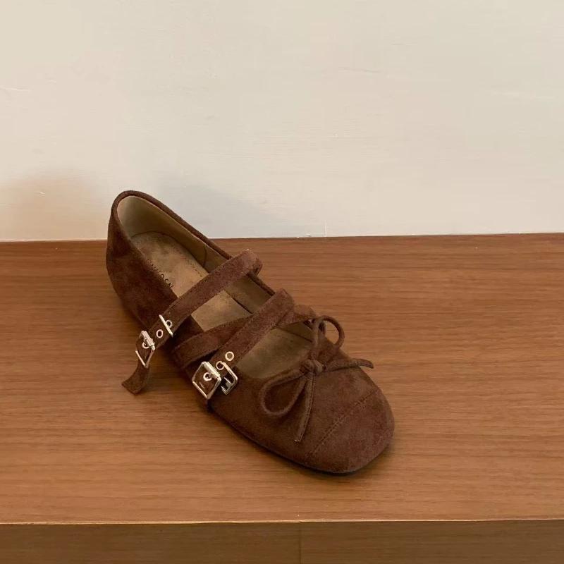 

Women s Suede Mary Jane Shoes Flats with Double Buckle Straps and Butterfly-knot Detail Elegant Ladies Elevation Ballet Shoes 35 коричневий