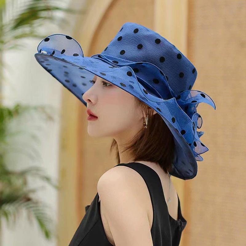 

1pc Wide Brim Kentucky Derby Organza Church Hats Ruffles Flower Women Mesh Sun Hat темно-синього кольору