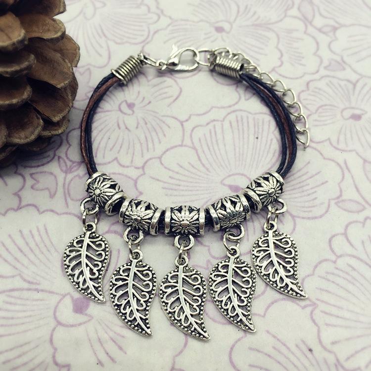 

Tibetan silver retro small fresh bell leaf bracelet sweet couple popular hand rope fashion anklet jewelry