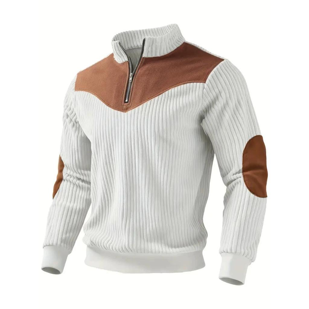 Vintage Patchwork Corduroy Sweatshirt for Men Stand Collar Casual Loose Pullover Half Zipper Hoodie Man