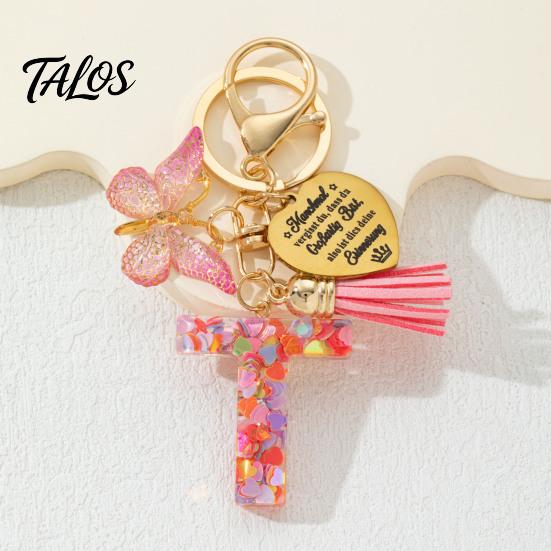 Talos Keychain Pendant, Sequins Initial Letter Charm Key Chain with Butterfly Tassel Stainless Steel Heart Design, A-Z Holder for Bag Purse Backpack