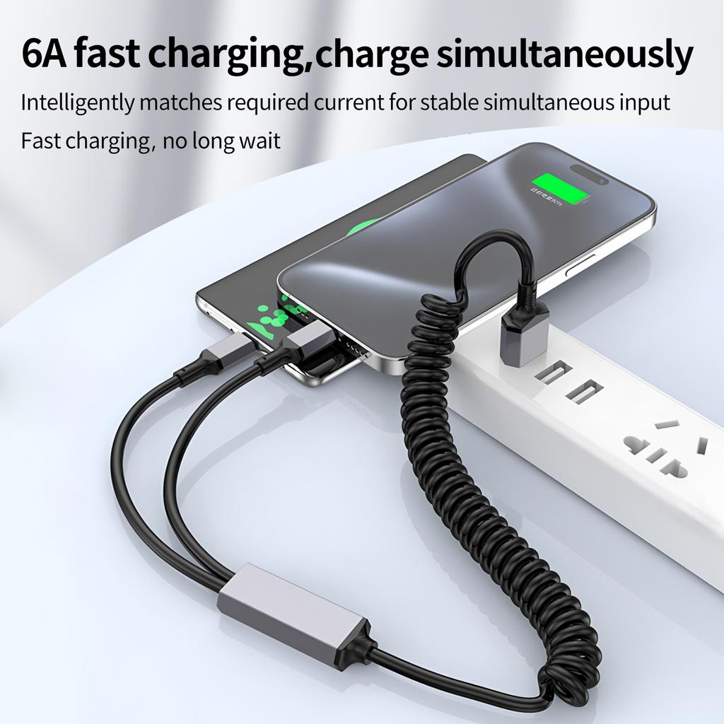 100W Super Fast Charging 2-in-1 Retractable USB-C & Type-C Coiled Data Cable 90-Degree Angled Design TPU Material for IPhone17