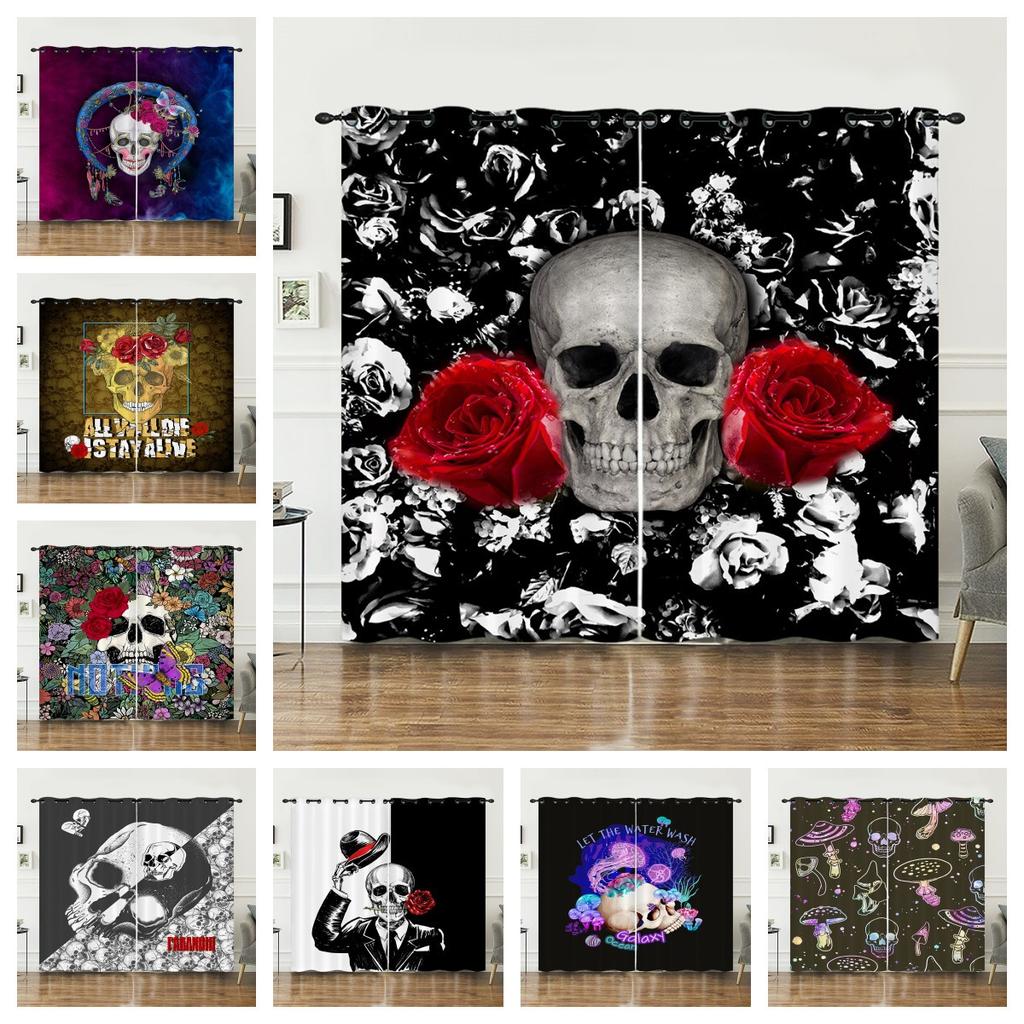 Curtains Skull Black Sunshade Bedroom Living Room Digital Printing Curtains Blackout Free Punching
