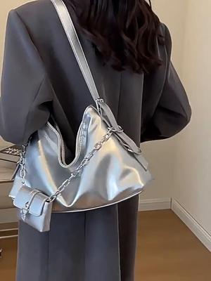 Fashion Women's Trend Fashion Large Capacity Silver Soft PU Leather Underarm Bag Commute Hobo Shoulder Bags