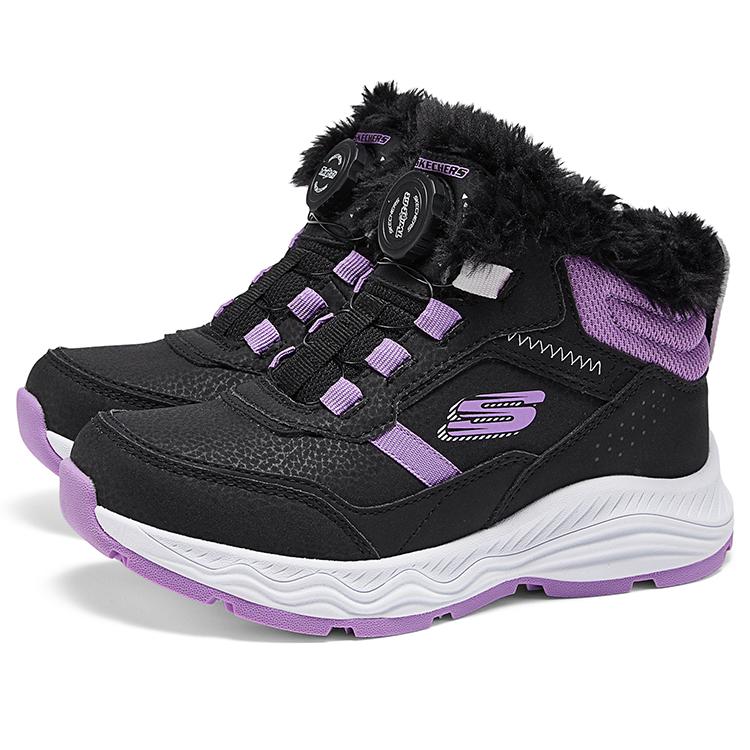 Skechers Kids Comfortable Versatile Knob Fleece Lined Non-Slip Waterproof Warm Mid-Top Boots Kids Boots Black Purple 303467L-BKPR
